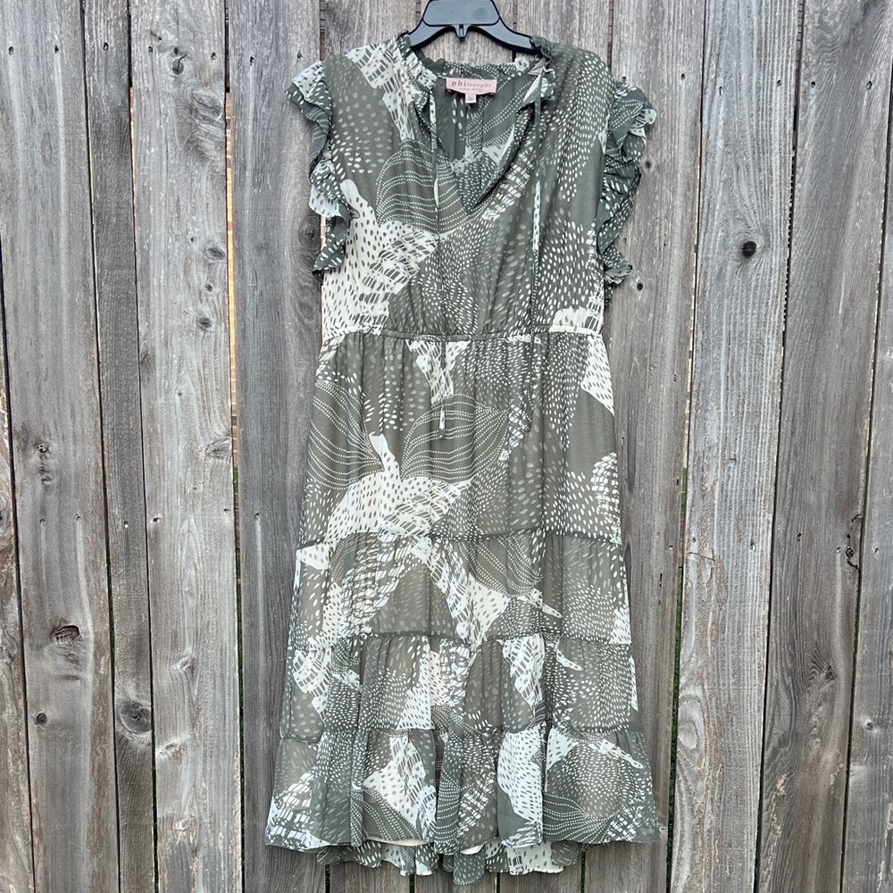 Philosophy Olive and Cream Patterned Midi Dress